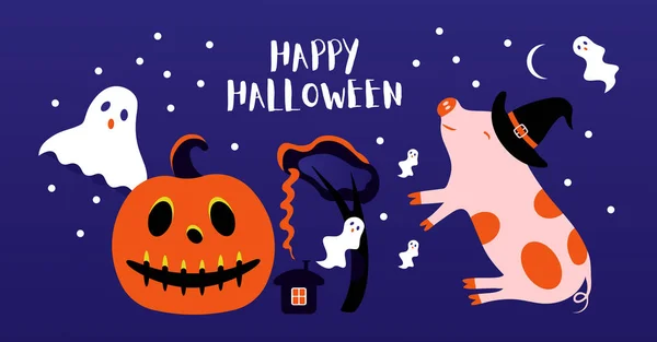 Cartoon Halloween Schwein Auf Dunkelblauem Hintergrund — Stockvektor