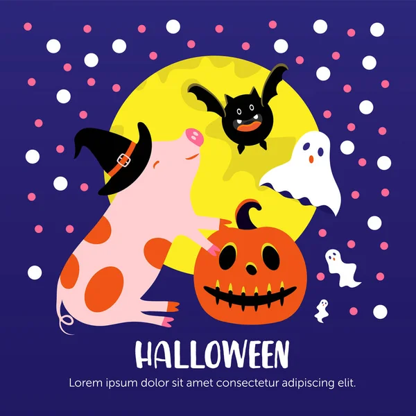 Cartoon Halloween Schwein Auf Dunkelblauem Hintergrund — Stockvektor