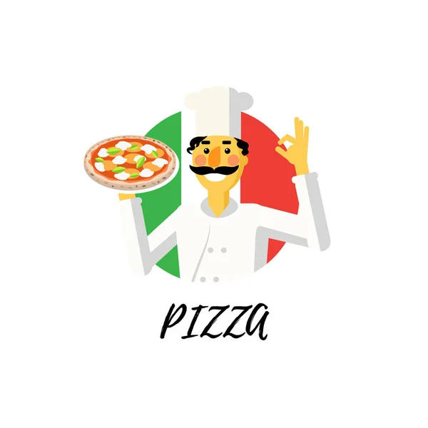 Chef Avec Pizza Isolé Sur Fond Blanc — Image vectorielle