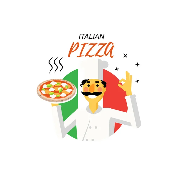 Chef Avec Pizza Isolé Sur Fond Blanc — Image vectorielle