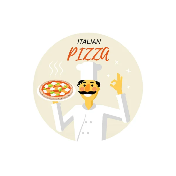 Chef Avec Pizza Isolé Sur Fond Blanc — Image vectorielle