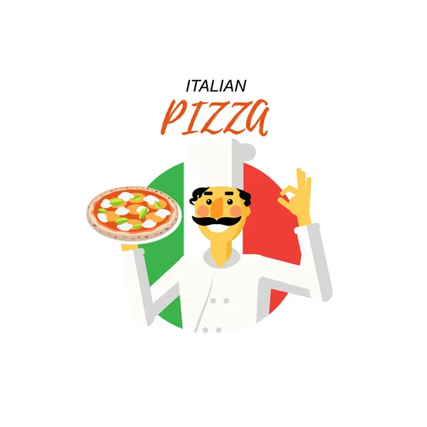 Chef Avec Pizza Isolé Sur Fond Blanc — Image vectorielle