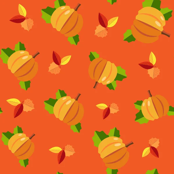 Patrón Calabazas Hojas Sobre Fondo Naranja — Vector de stock