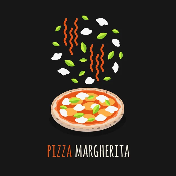 Pizza Margherita Fundo Preto —  Vetores de Stock