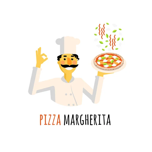 Šéfkuchař Pizzou Izolovaný Bílém Pozadí — Stockový vektor