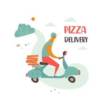 pizza teslimat, scooter üzerinde adam beyaz arka plan izole