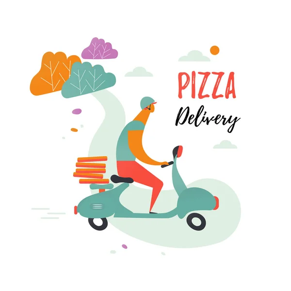 Livraison Pizza Homme Sur Scooter Isolé Sur Fond Blanc — Image vectorielle