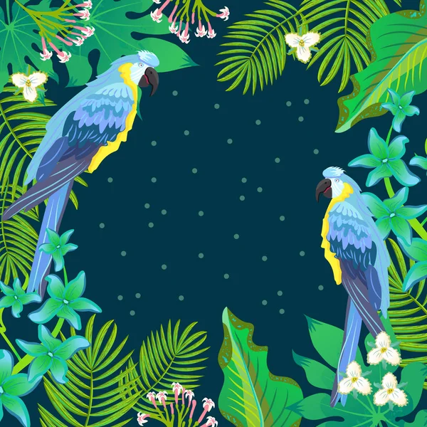 Papegaaien Tropische Bladeren Donkere Achtergrond — Stockvector