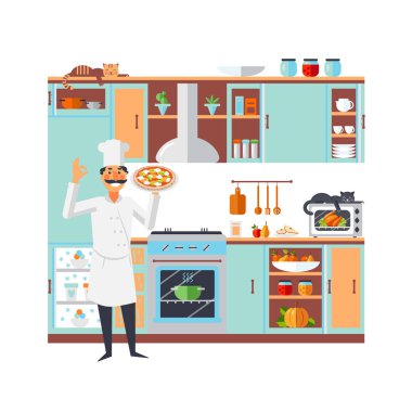 pasta ile adam, beyaz arka plan üzerinde izole mutfak iç