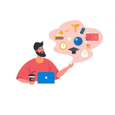 karikatür adam öğrenme online beyaz arka plan üzerinde izole