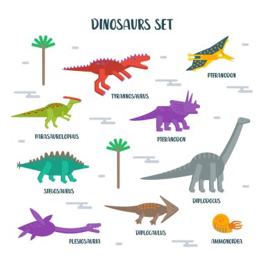 Beyaz arkaplanda izole edilmiş dinozor kümesi