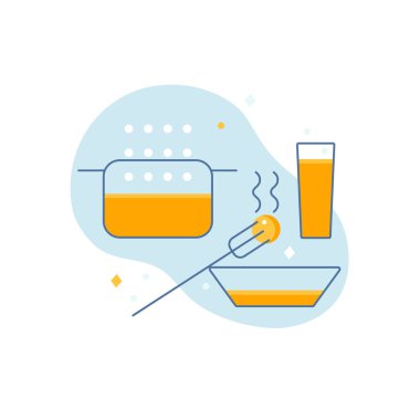 Akşam yemeği için çizgi tarzı simgeler oluşturun. Çorba ile tava, pirzola, meyve suyu ile bardak. Restoran ve diğer tasarım için basit elementler. 