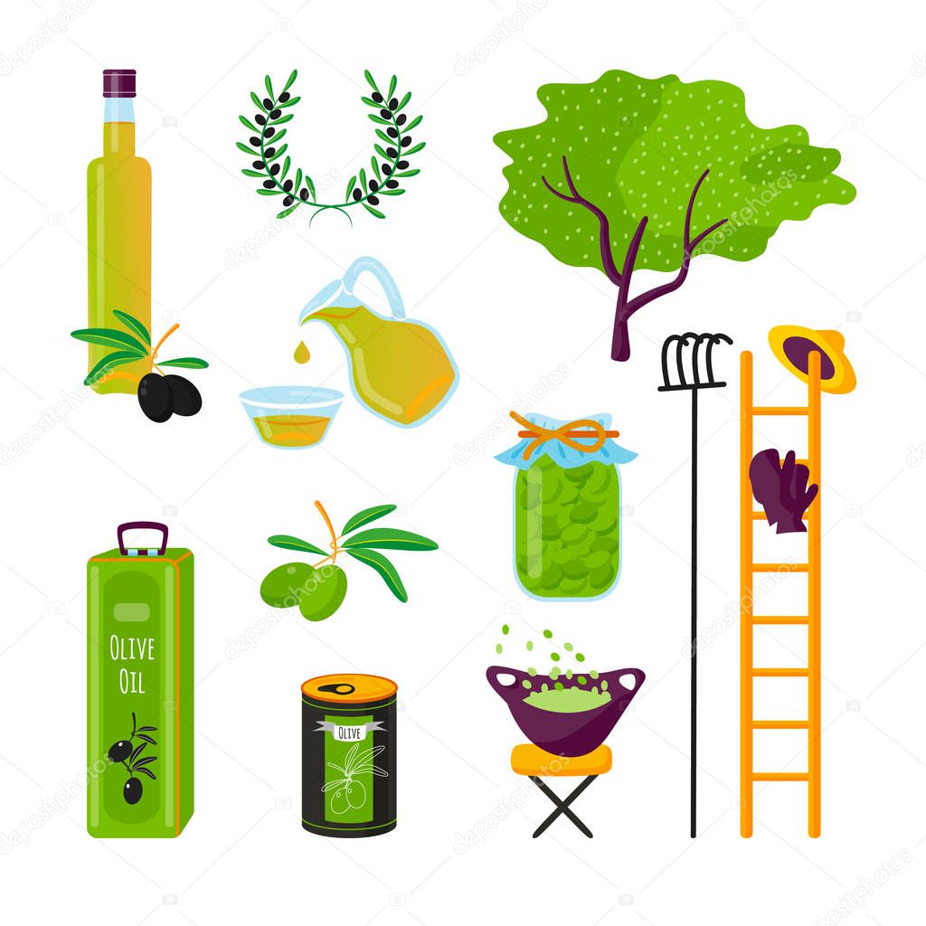 Set cartoon style icons products of olives. Simple element of bottle of olive oil, jar, can, branch and tree, garden equipment for the festival card and different design.