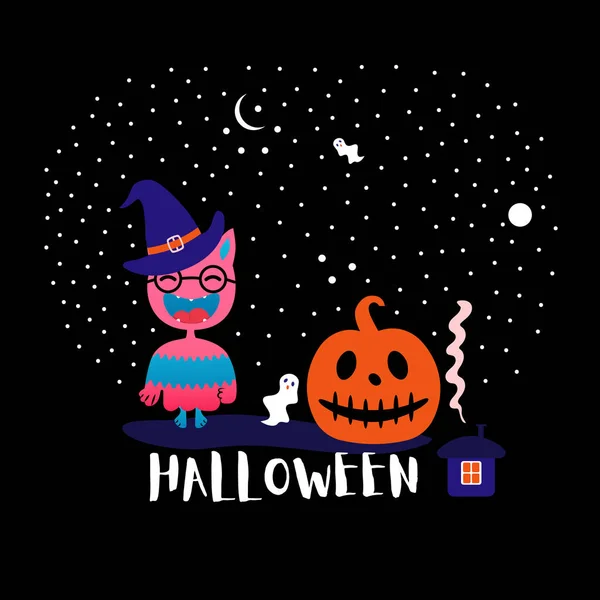 Halloween Greeting Card Template Banner Traditional Elements Cute Monster Hat — Wektor stockowy