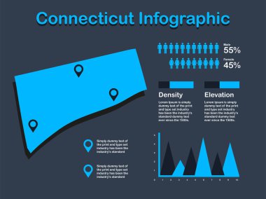 Connecticut State (Usa) Koyu Arka Planda Mavi Renkte Bilgi Görsel Elemanlar Seti ile Harita