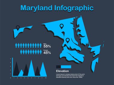 Maryland State (Abd) Koyu Arka Planda Mavi Renkte Bilgi Görsel Elemanlar Seti ile Harita