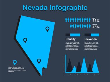 Nevada State (Usa) Koyu Arka Planda Mavi Renkte Bilgi Görsel Elemanlar Seti ile Harita