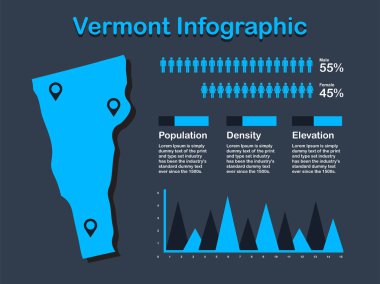 Vermont State (Usa) Koyu Arka Planda Mavi Renkte Bilgi Görsel Elemanlar Seti ile Harita