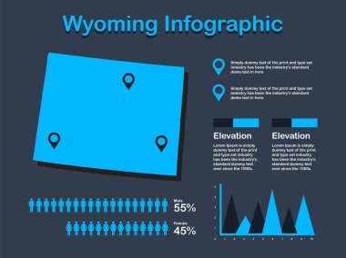 Wyoming Durumu (Usa) Koyu Arkaplanda Mavi Renkli Bilgi Elementleri Kümesi Haritası