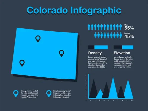 Κολοράντο Στέιτ (ΗΠΑ) Χάρτης με σετ γραφικών στοιχείων σε μπλε χρώμα σε σκοτεινό φόντο — Διανυσματικό Αρχείο