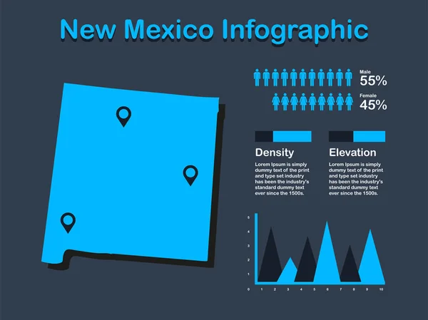 Карта штату Нью-Мексико (США) з набором елементів інфографіки синім кольором на темному фоні — стоковий вектор
