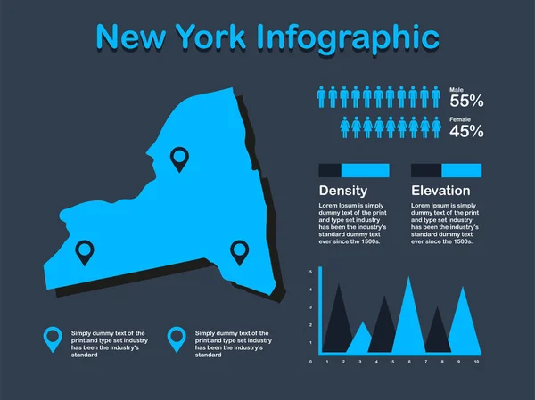 Πολιτεία Νέας Υόρκης (ΗΠΑ) Χάρτης με σύνολο γραφικών στοιχείων σε μπλε χρώμα σε σκοτεινό φόντο — Διανυσματικό Αρχείο