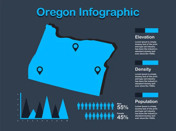 Mappa Oregon State (USA) con insieme di elementi infografici in colore blu sullo sfondo scuro — Vettoriale Stock