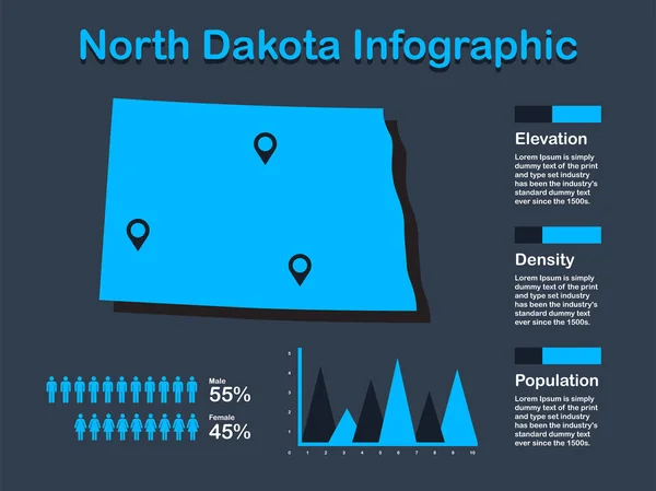Πολιτεία Βόρειας Ντακότα (ΗΠΑ) Χάρτης με σύνολο γραφικών στοιχείων σε μπλε χρώμα σε σκοτεινό φόντο — Διανυσματικό Αρχείο