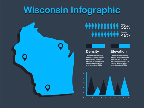 Mapa del estado de Wisconsin (EE. UU.) con un conjunto de elementos infográficos en color azul en fondo oscuro — Archivo Imágenes Vectoriales