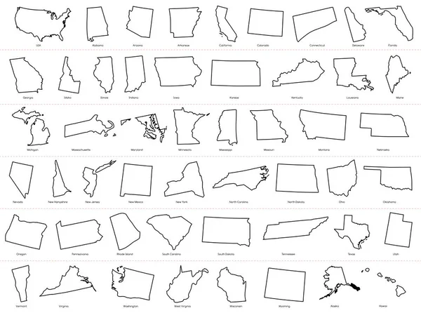 Χάρτης των Ηνωμένων Πολιτειών της Αμερικής (ΗΠΑ) διαχωρισμένες Πολιτείες χάρτες εικόνα διάρθρωσης σε λευκό φόντο — Διανυσματικό Αρχείο