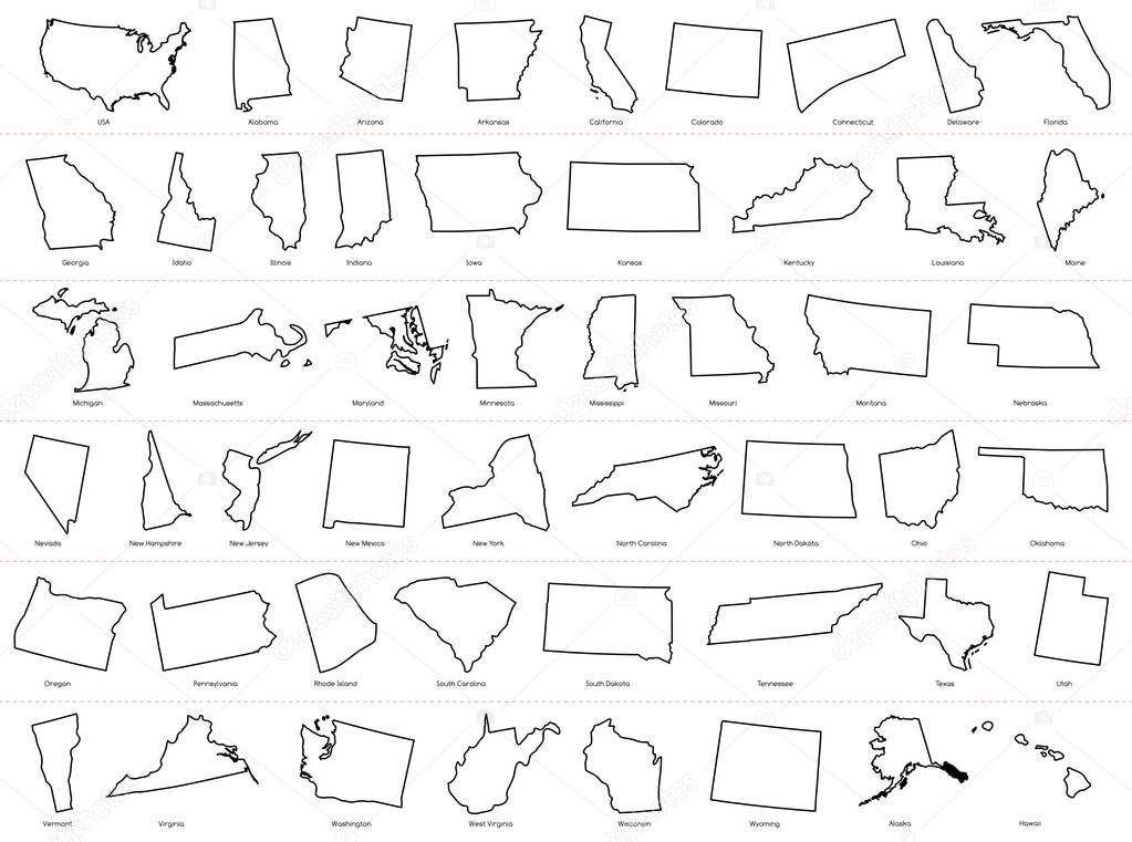 Map of The United States of America (USA) Divided States Maps Outline Illustration on White Background