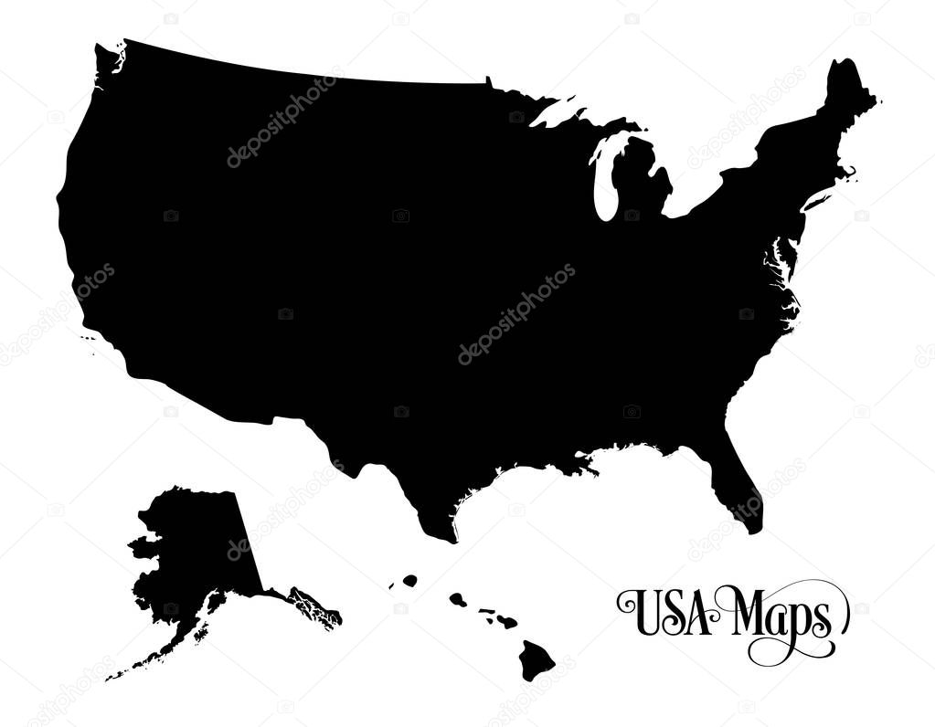 Map of The United States of America (USA) Silhouette Illustration on White Background.