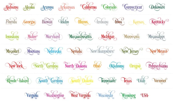 Tipografia dos Estados Unidos Nome ilustração caligrafia colorida em fundo branco —  Vetores de Stock