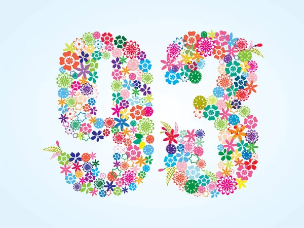 Vector Colorful Floral 93 Number Design isolated on white background. Floral Number Ninety Three — Stock Vector
