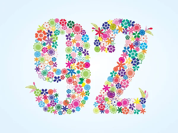 Vector Colorful Floral 92 Number Design isolated on white background. Floral Number Ninety Two — Stock Vector