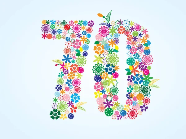 Vector Colorful Floral 70 Number Design isolated on white background. Floral Number Seventy — Stock Vector