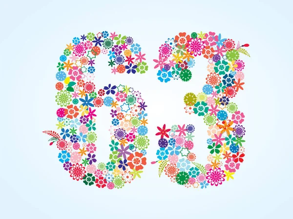 Vector Colorful Floral 63 Number Design isolated on white background. Floral Number Sixty Three — Stock Vector