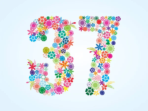 Vector Colorful Floral 37 Number Design isolated on white background. Floral Number Thirty Seven — Stock Vector