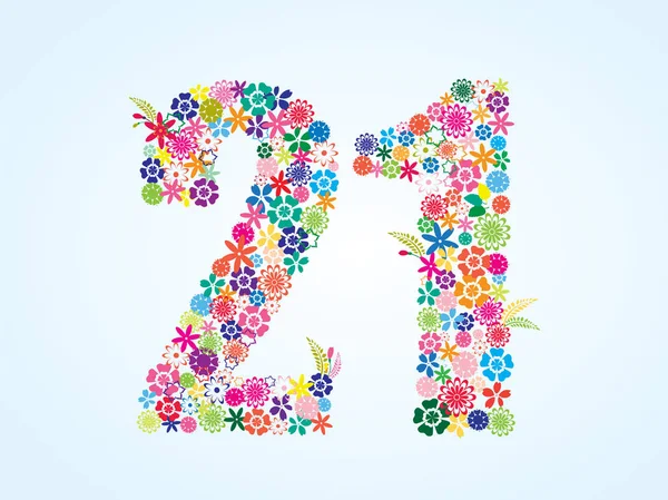 Vector Colorido Floral 21 Number Design aislado sobre fondo blanco. Floral número veintiuno — Vector de stock