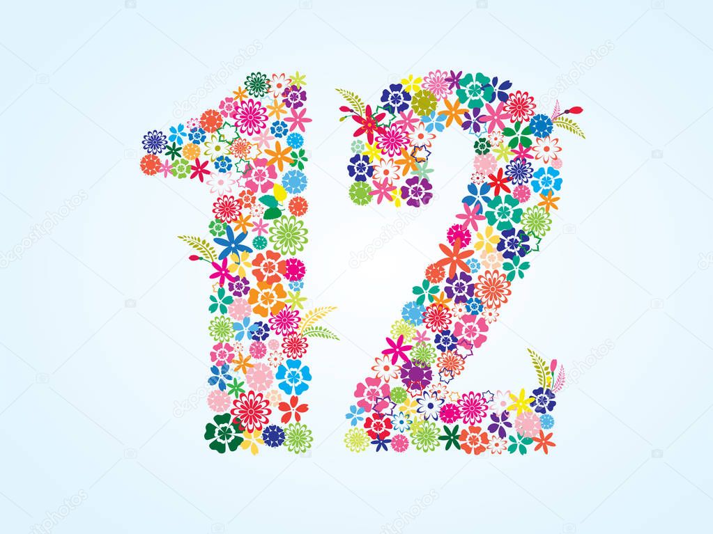 Vector Colorful Floral 12 Number Design isolated on white background. Floral Number Twelve
