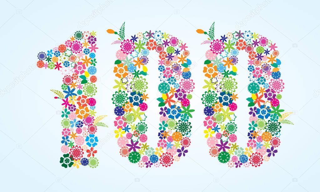 Vector Colorful Floral 100 Number Design isolated on white background. Floral Number One Hundred