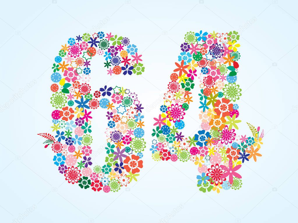 Vector Colorful Floral 64 Number Design isolated on white background. Floral Number Sixty Four