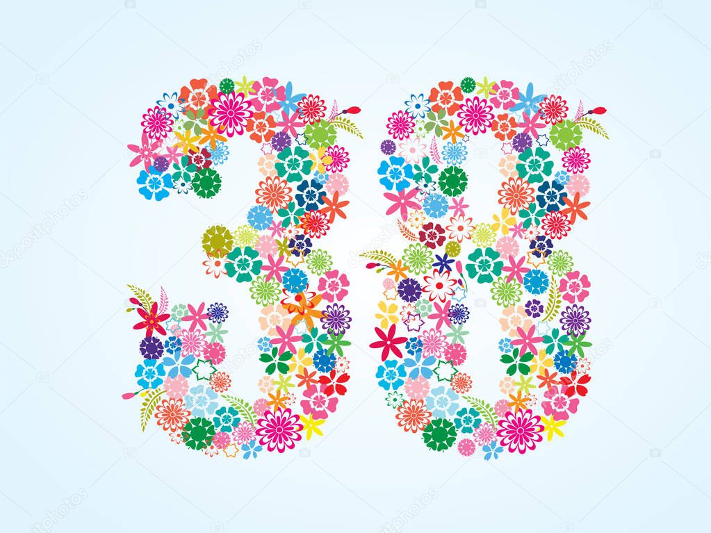 Vector Colorful Floral 38 Number Design isolated on white background. Floral Number Thirty Eight