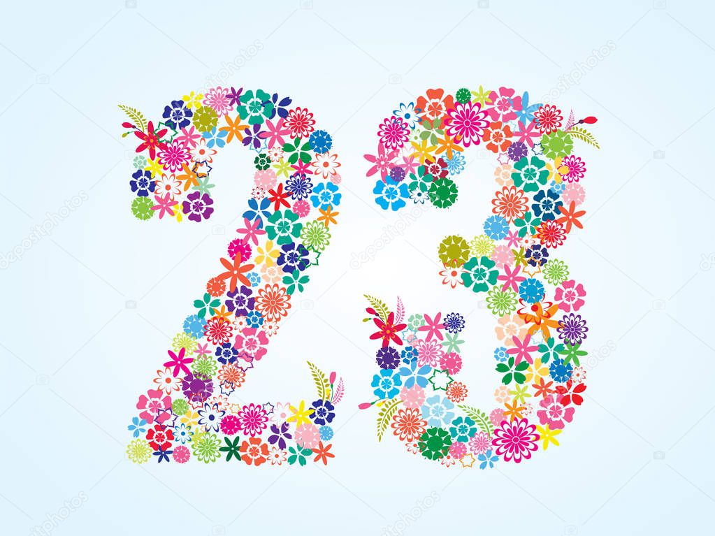 Vector Colorful Floral 23 Number Design isolated on white background. Floral Number Twenty Three