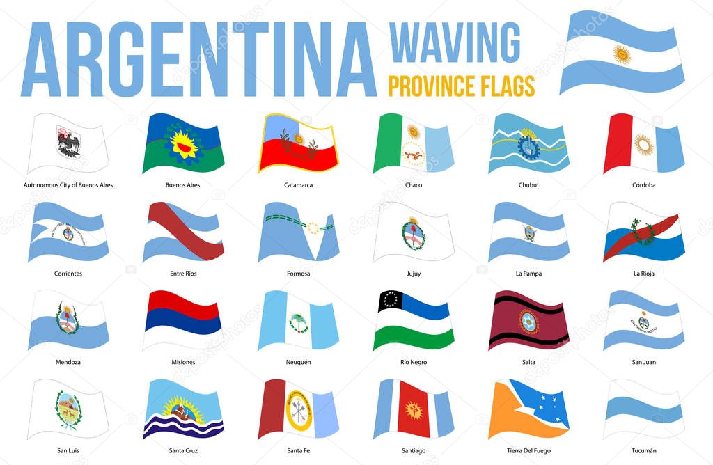Argentina Province Flags Waving Vector on White Background. Provinces of Argentina All Flags