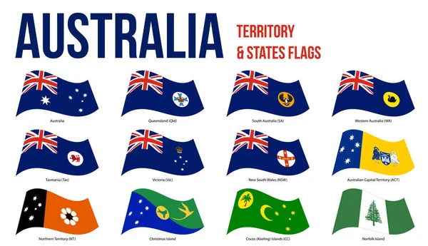 Ausztrália minden állam és terület zászlók integetett Vector illusztráció fehér alapon — Stock Vector