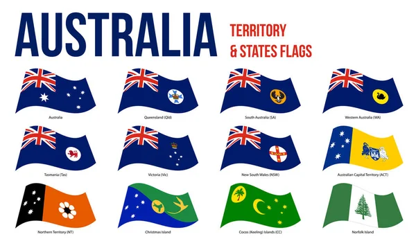 Australie Tous les États et territoires Drapeaux agitant l'illustration vectorielle sur fond blanc — Image vectorielle