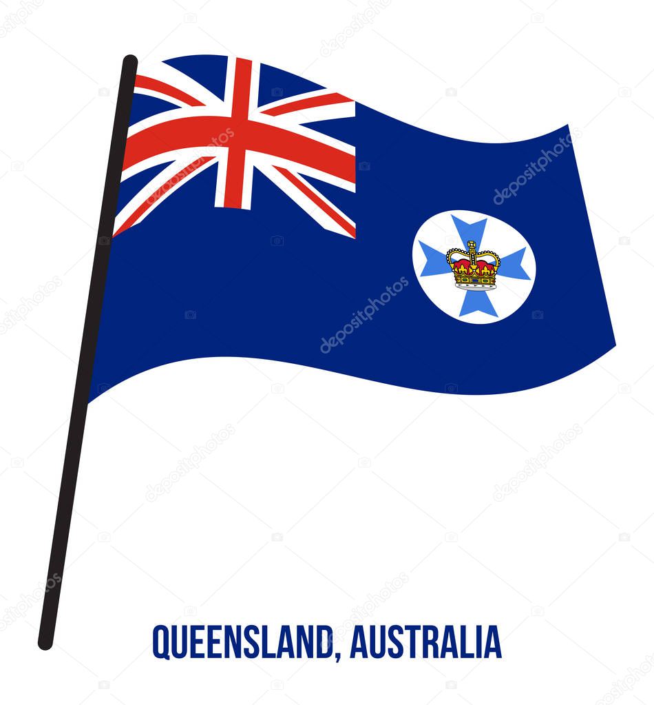 Queensland (Qld) Flag Waving Vector Illustration on White Background. States Flag of Australia.