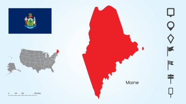 Locator Collection ile Seçilmiş Maine Eyaleti ve Maine Bayrağı ile Amerika Birleşik Devletleri Haritası
