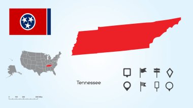 Locator Koleksiyonu ile Seçilmiş Tennessee Eyaleti ve Tennessee Bayrağı ile Amerika Birleşik Devletleri Haritası